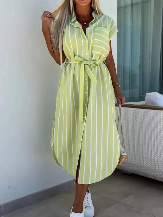 Striped Tie Waist Short Sleeve Dress