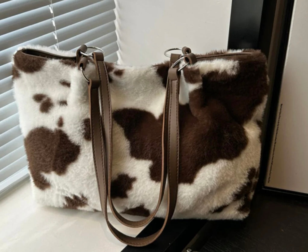 Cow Print Furry Tote Bag