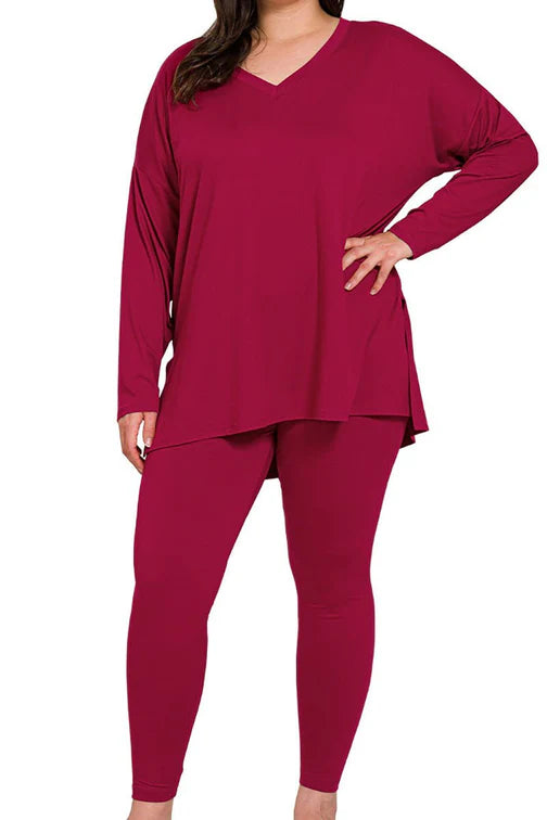 Zenana Plus Size Relax & Recharge Carbernet Loungewear Set