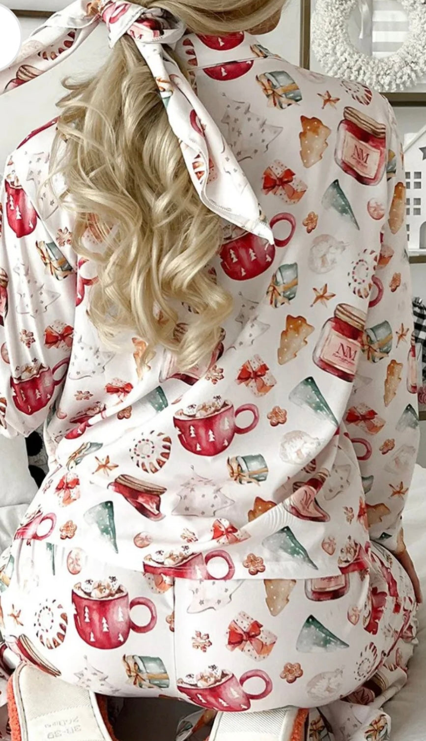 Printed Collared Neck Top and Pants Lounge Set