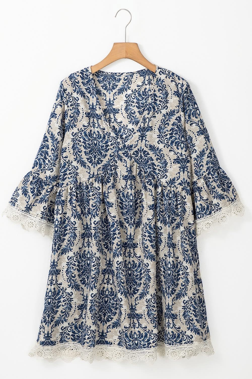 Sky Blue Vintage V Neck Loose Dress