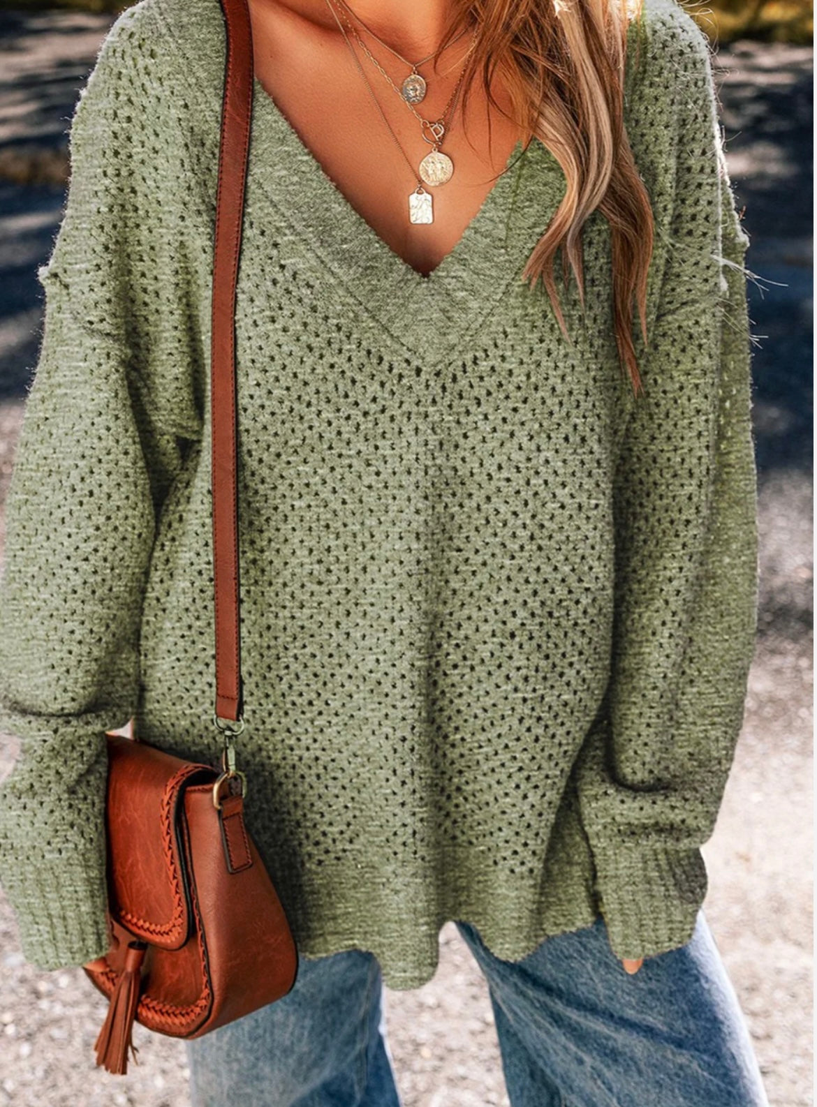 Openwork V-Neck Dropped Shoulder Sweater