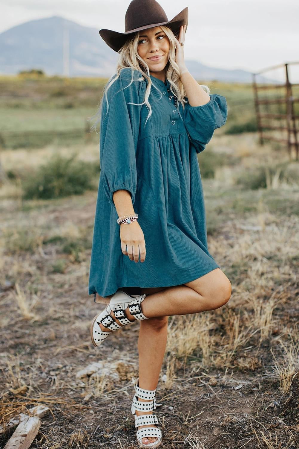 Complete Satisfaction Corduroy Snap Buttons Bracelet Sleeve Dress