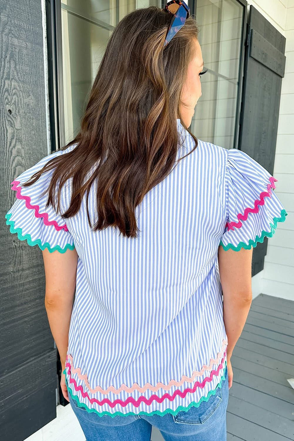 Trista Simpson Pink Stripe Ricrac Trim Ruffled Blouse