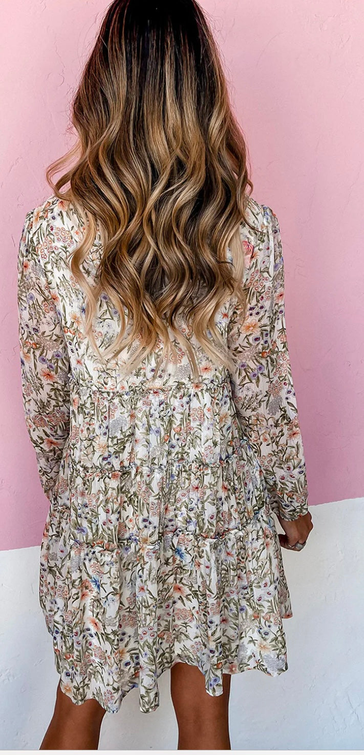 Floral Tiered Frilled Shirred Mini Dress