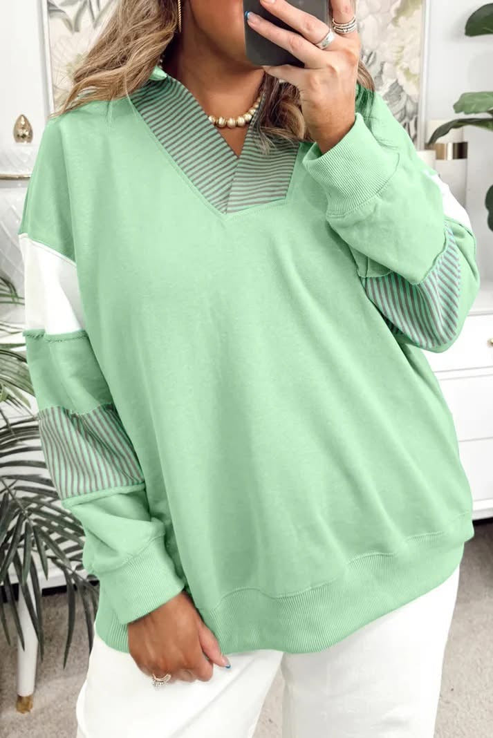 Block Striped Patchwork Collar V Neck Plus Size Sweatshirt
