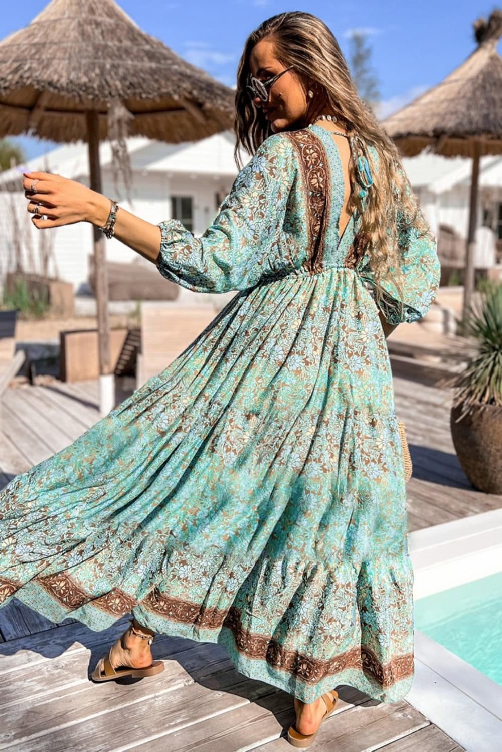Green Boho Floral Open back High waist Maxi