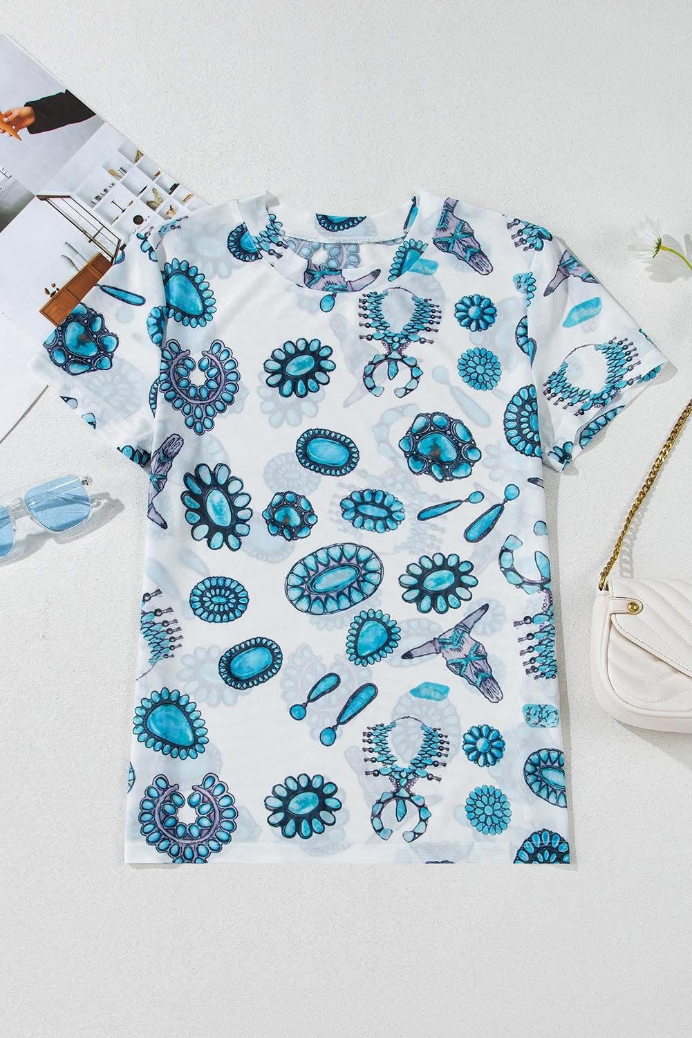 Western Turquoise Printed Crewneck Slim Fit Tee