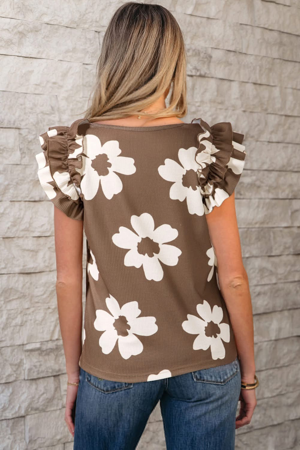 Brown Floral Textured Ruffled Square Neck Blouse