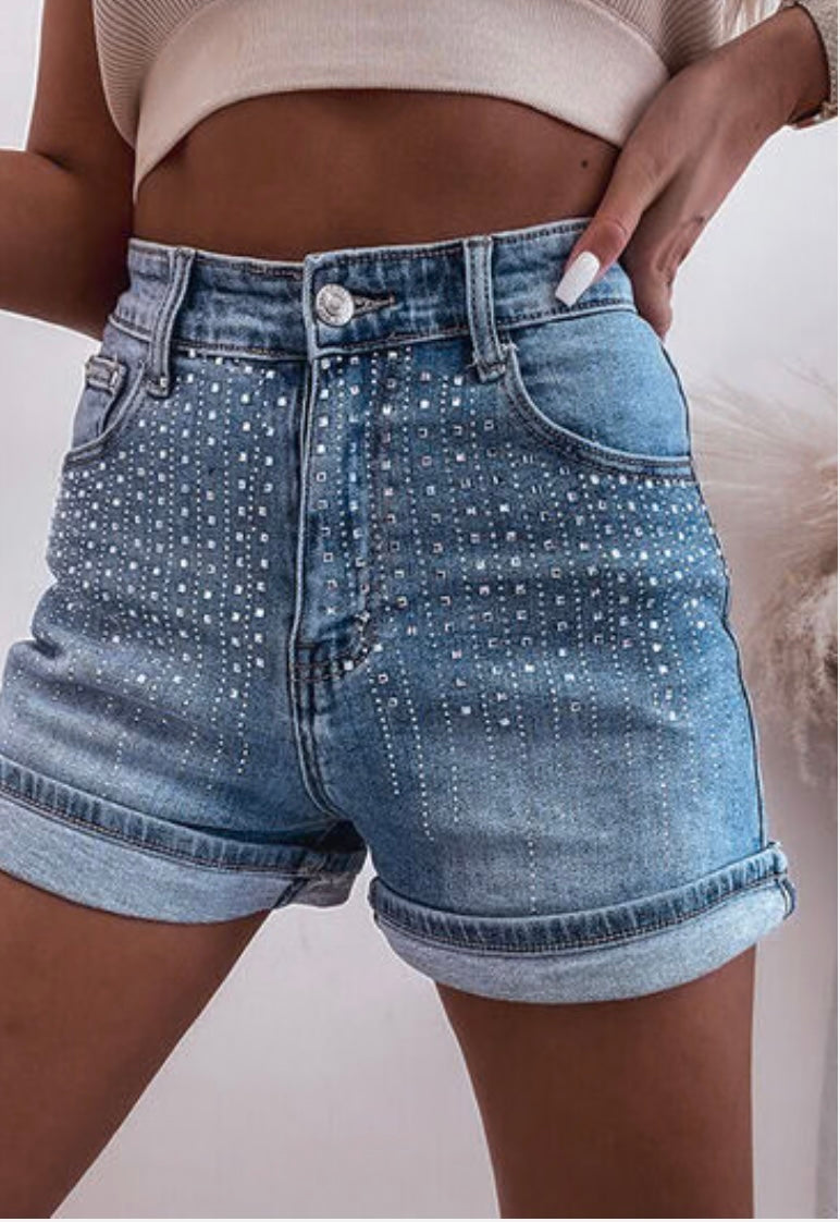 Rhinestone High Waist Denim Shorts