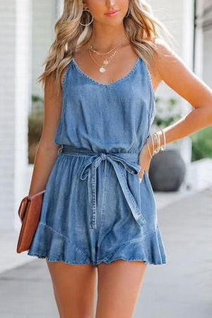 SUNNY DAYS ASHLEIGH BLUE DENIM ROMPER **SHIPPING EXPECTED TO BEGIN ON DATE 3/5**
