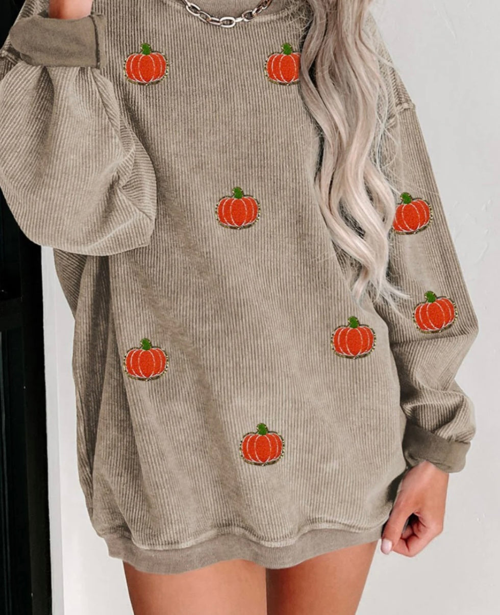 Pumpkin Round Neck Long Sleeve Sweatshirt