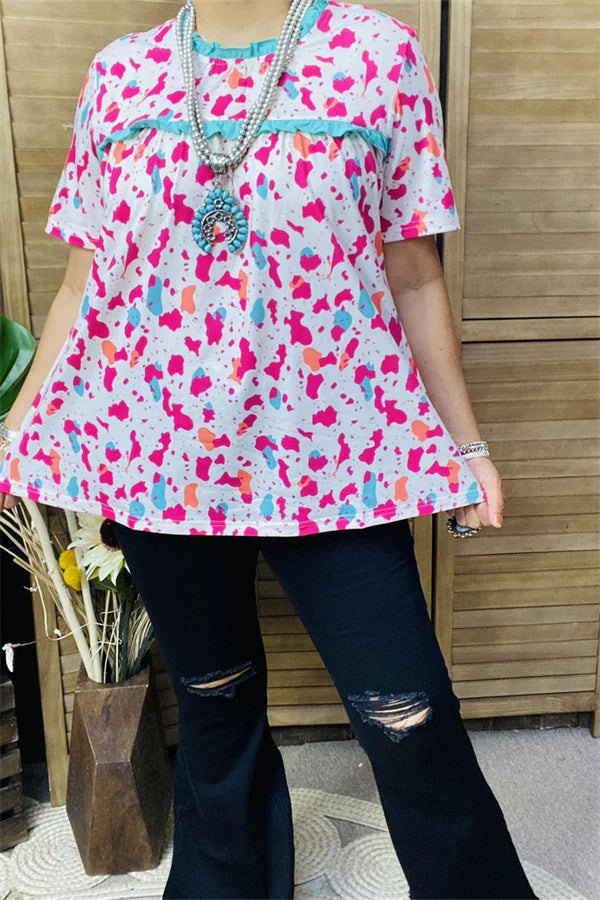 Mint Fuschia Leopard Print Ruffle Top