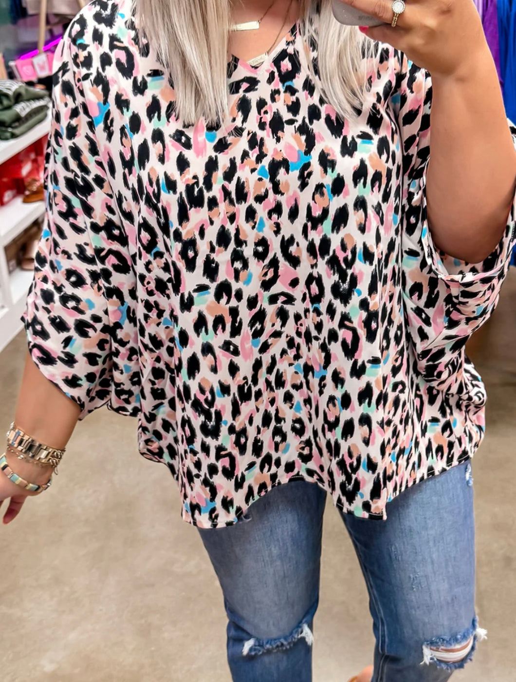 Plus Size Leopard Vneck Batwing Sleeve Top