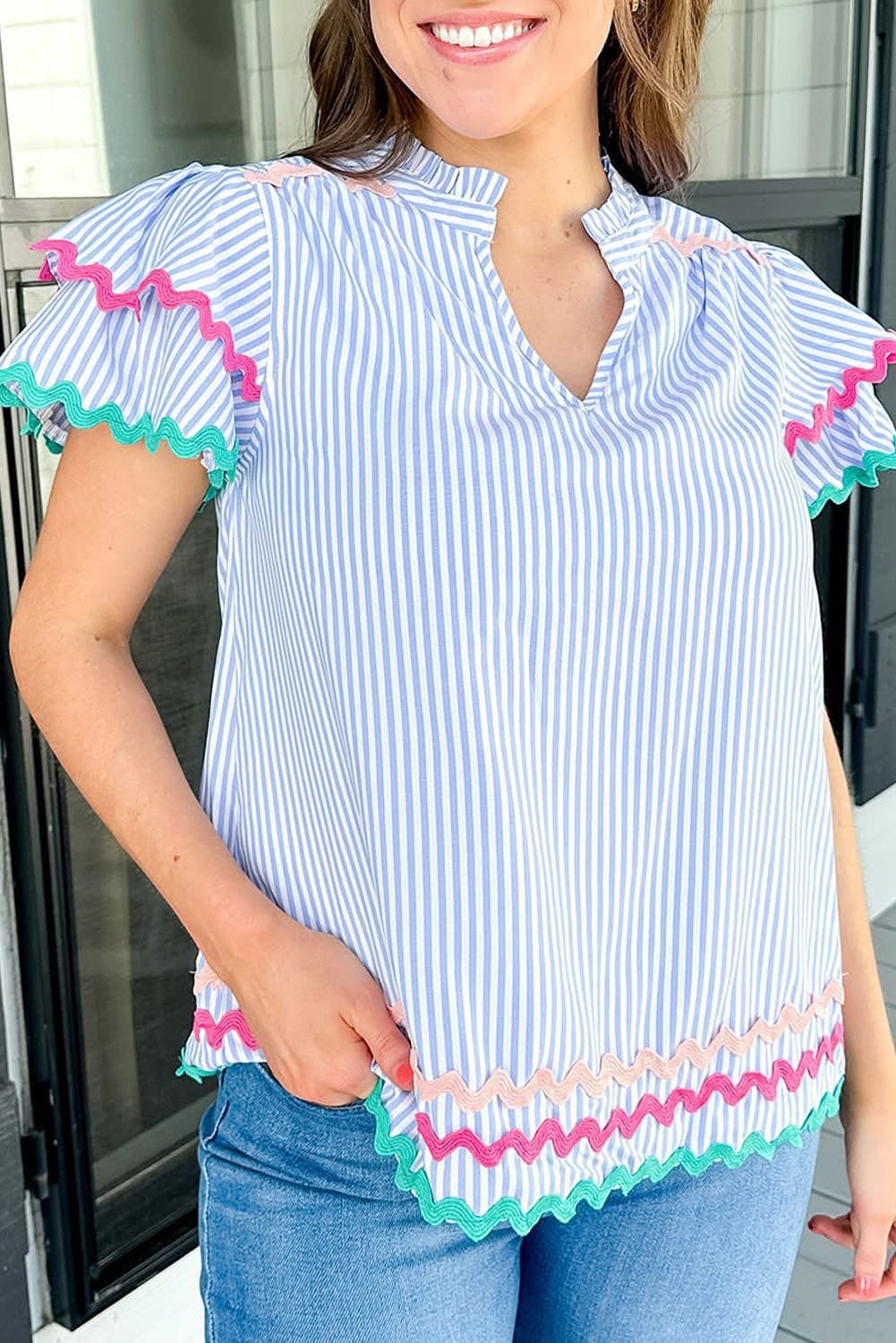 Trista Simpson Pink Stripe Ricrac Trim Ruffled Blouse