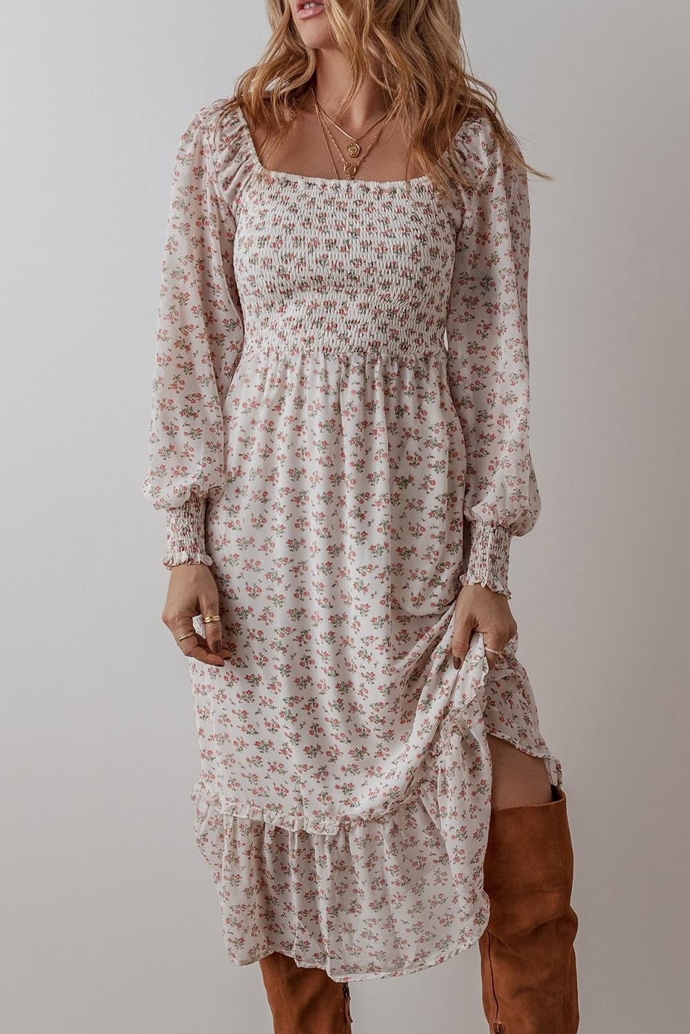 White Floral Ruffled Midi Dress