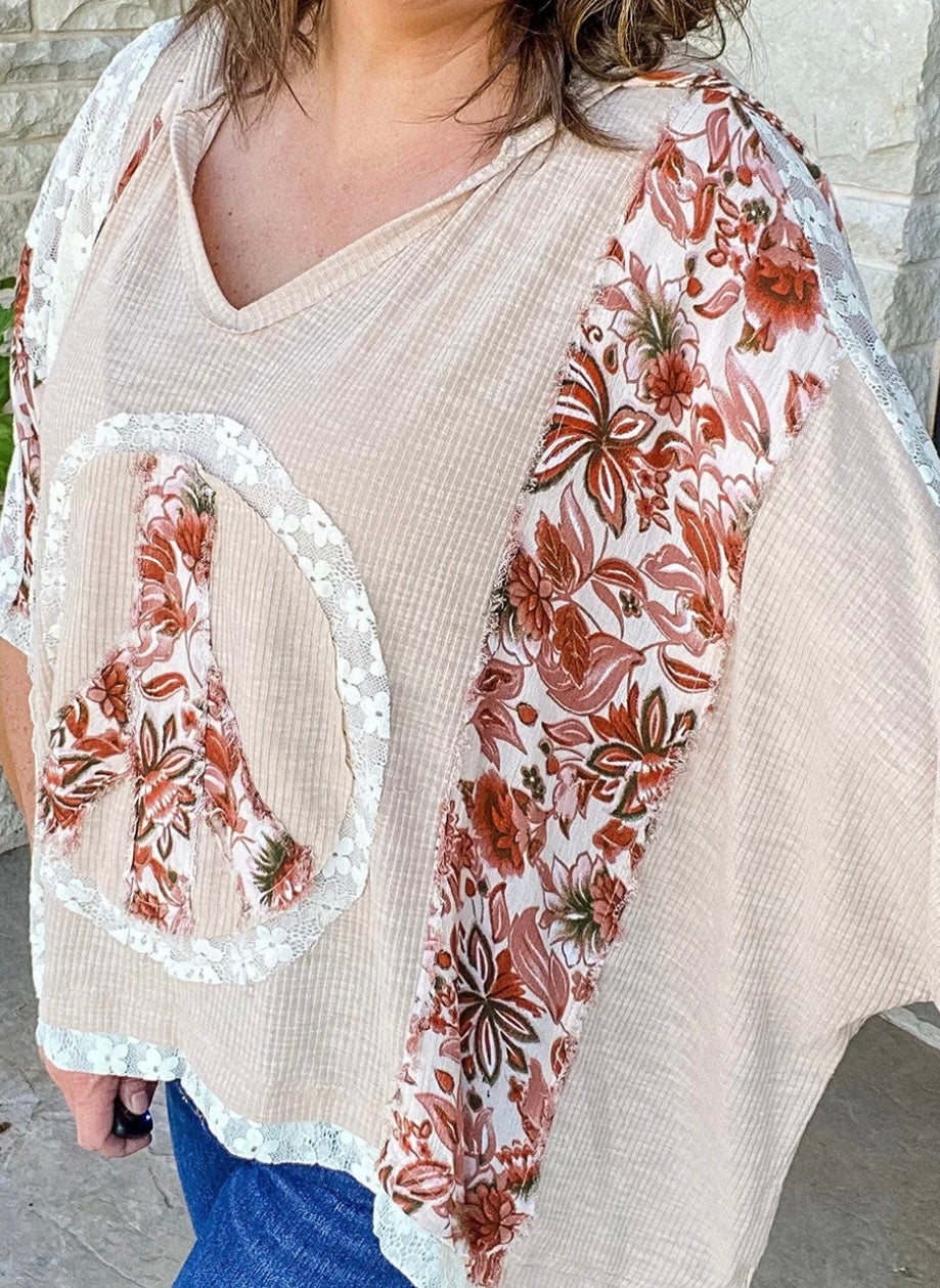 Plus Size Floral Peace Patch Hooded Top