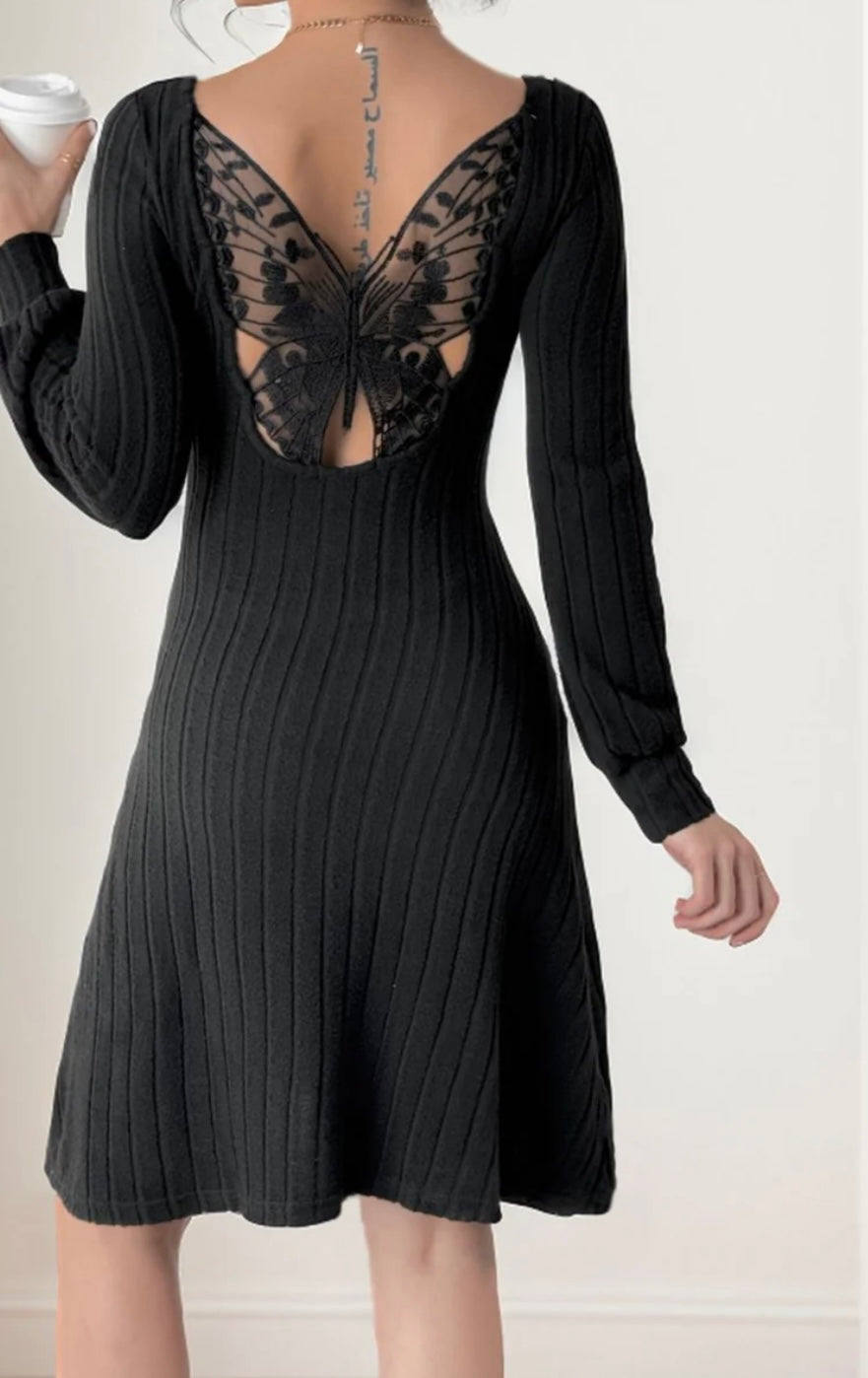 Perfee Butterfly Square Neck Long Sleeve Dress