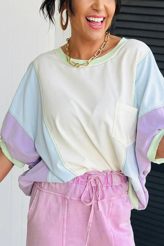 SWEET SUMMER WHITE COLORBLOCK OVERSIZED SHIRT **SHIPPING EXPECTED TO BEGIN ON DATE 4/22**