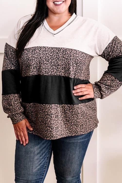 Black Leopard Colorblock V Neck Plus Size Top