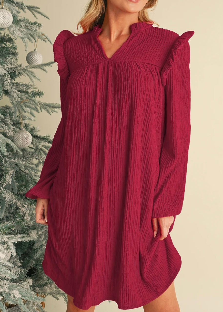 Retro Textured Ruffle Mini Dress