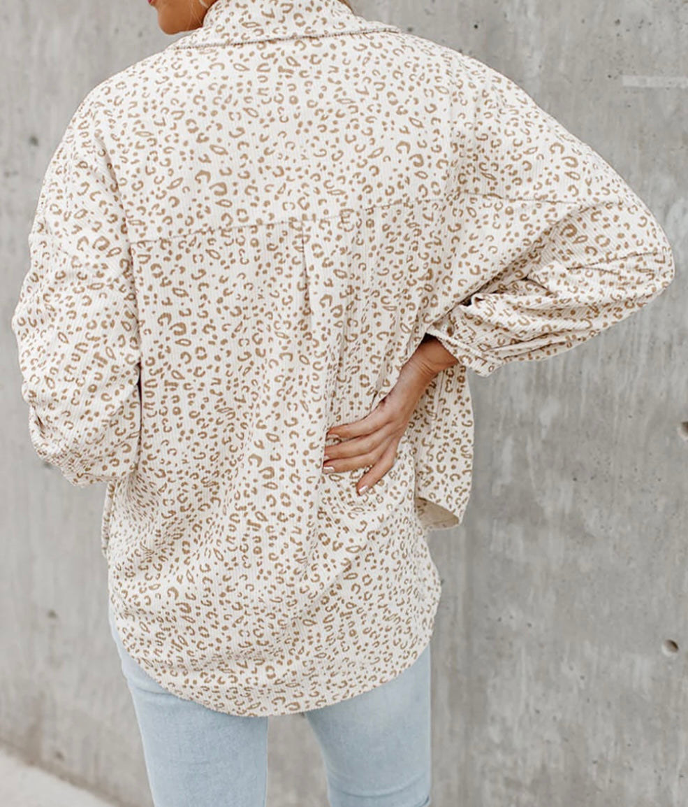 Leopard Pockets Buttoned Corduroy Shacket