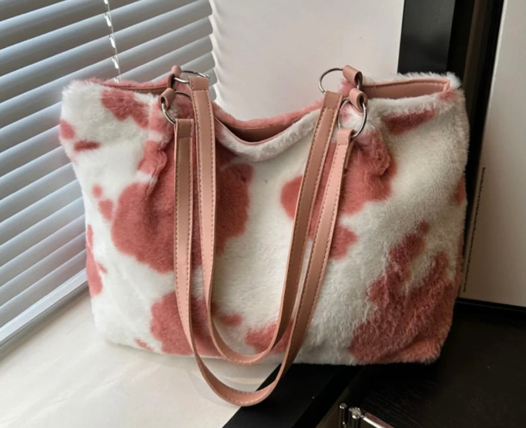 Cow Print Furry Tote Bag