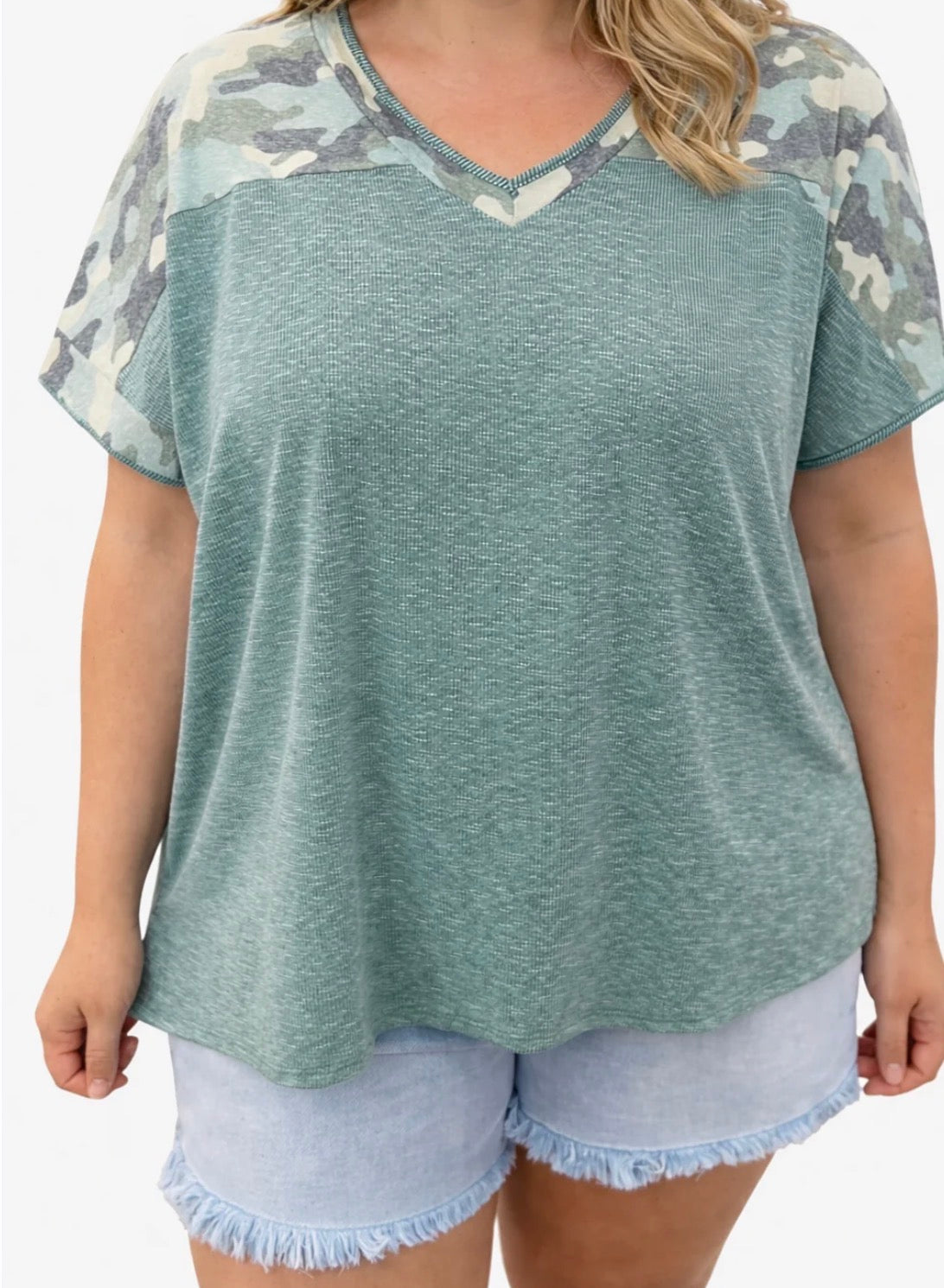 Green Ribbed Camo Neck Top