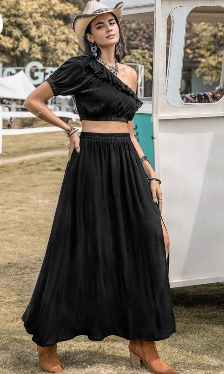 Ruffled Single Shoulder Top Slit Skirt Set