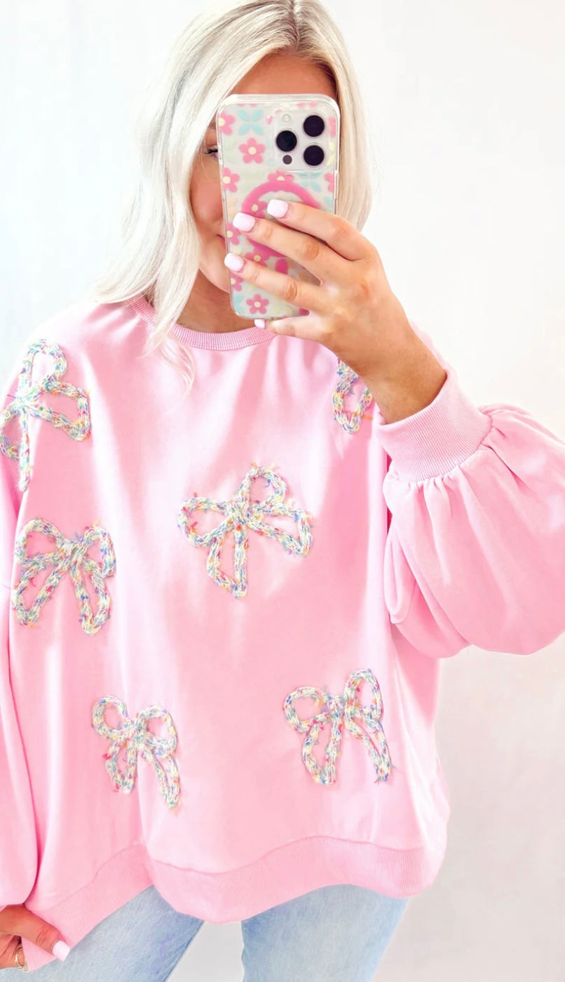 Bow Decor Loose Sleeve Sweatshirt - Ships 9/30