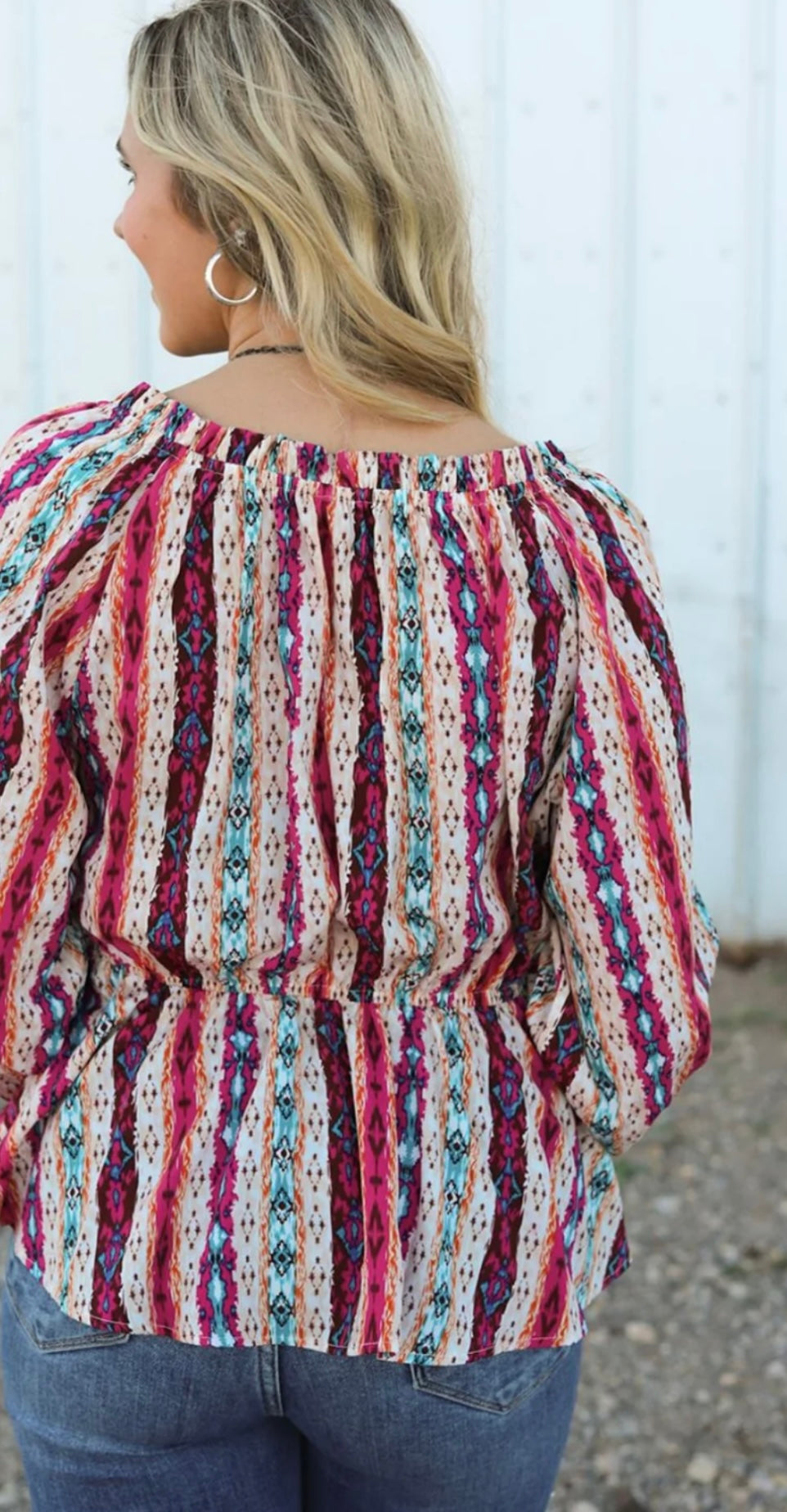 Multicolour Western Print Split Neck Peplum Blouse Amazing Willow Co