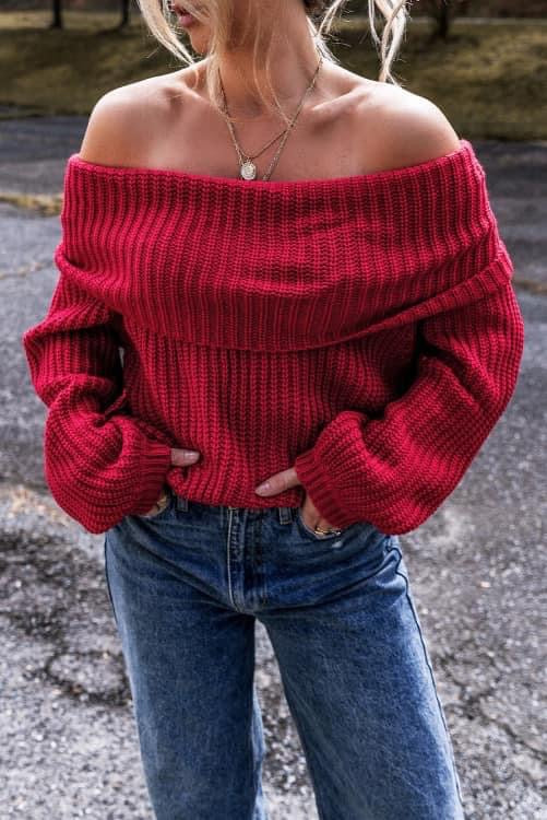 Hailey Campbell Red Off-the-shoulder Knit Sweater