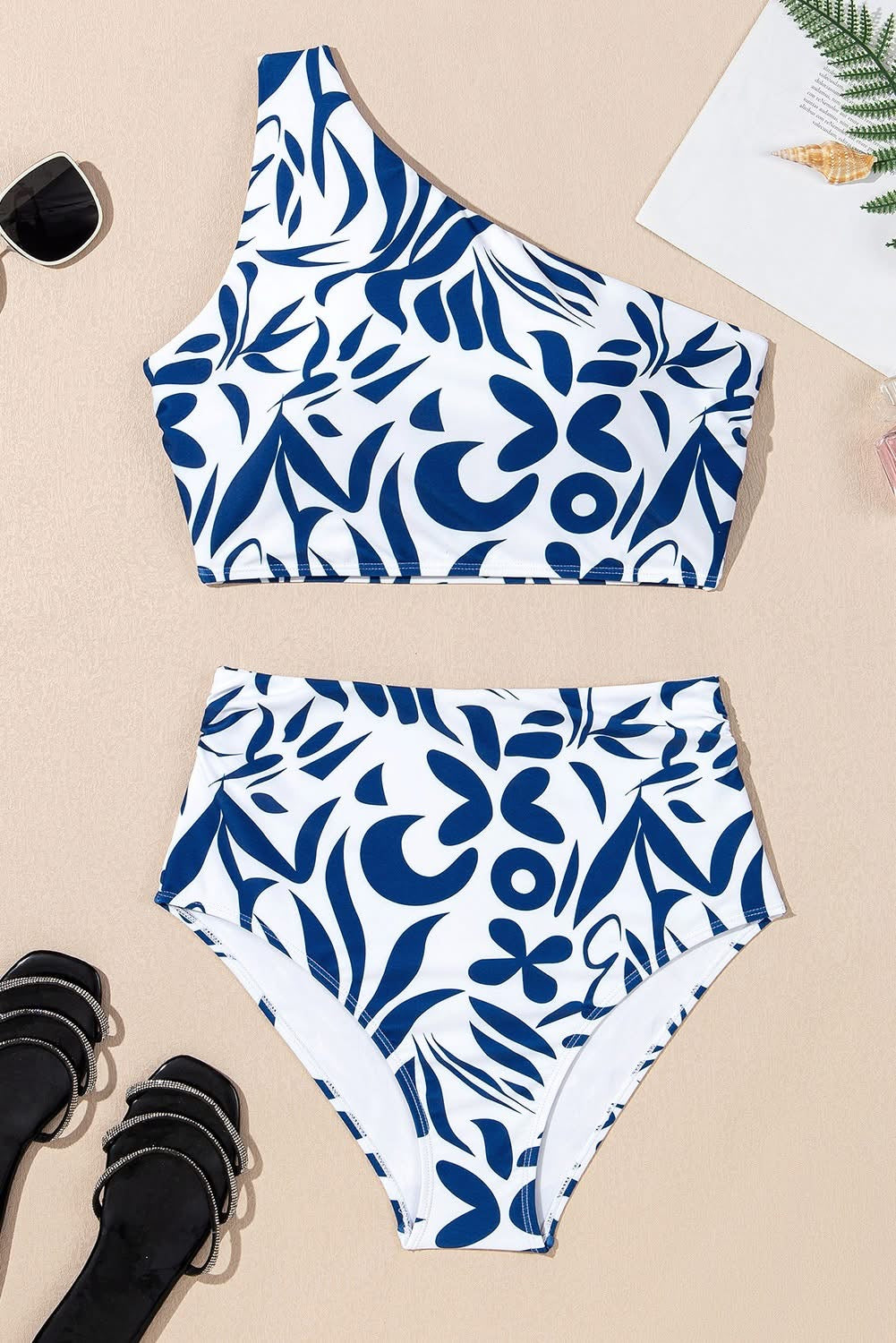Blue One-shoulder High Waisted Bikini
