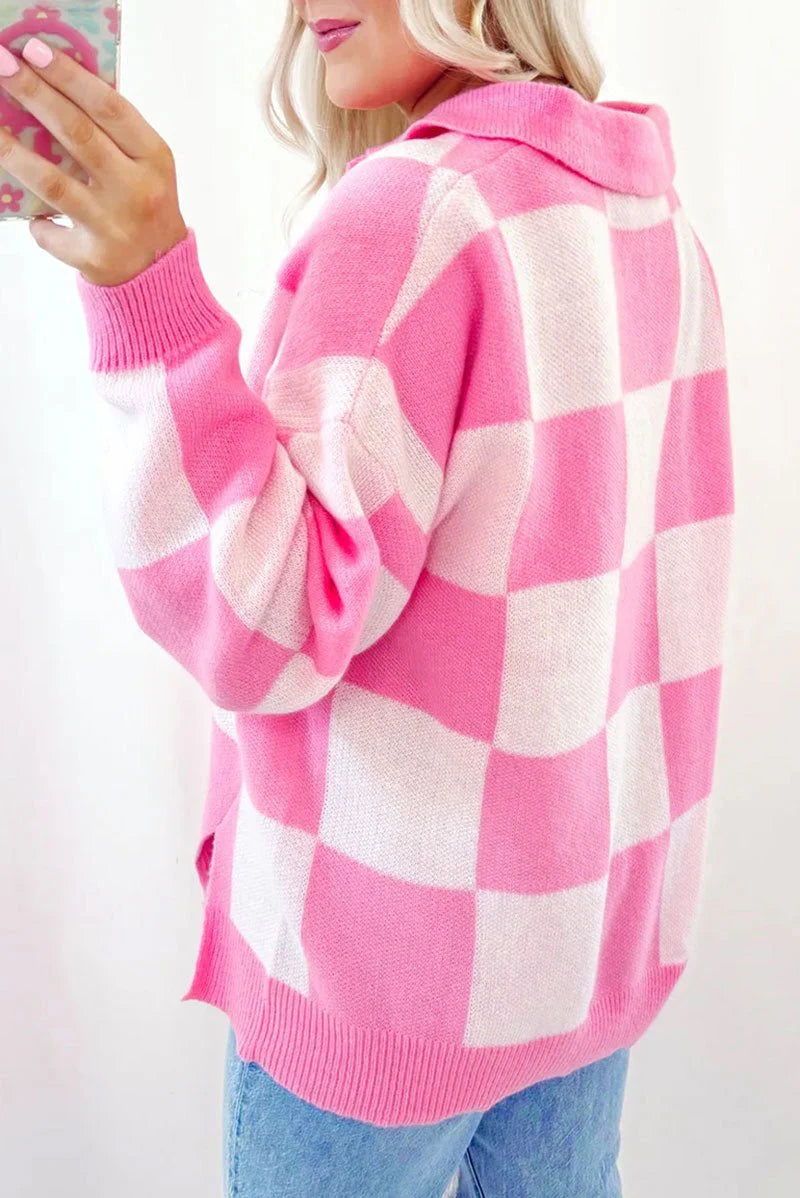 COLORADO CUTIE PINK CHECKERED BUTTON COLLAR SWEATER **SHIPPING EXPECTED TO BEGIN ON DATE 10/25**