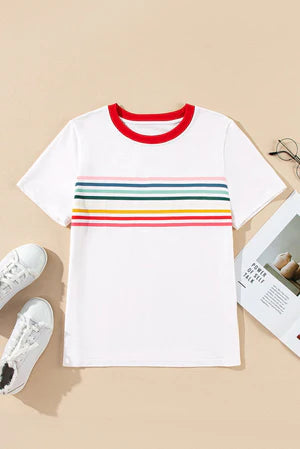RAINBOW STRIPED WHITE T-SHIRT **SHIPPING EXPECTED TO BEGIN ON DATE 3/12**