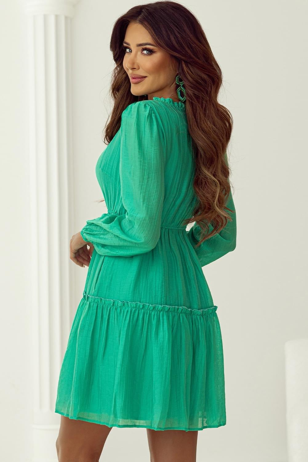 Sea Green V Neck Puff Drawstring Shift dress