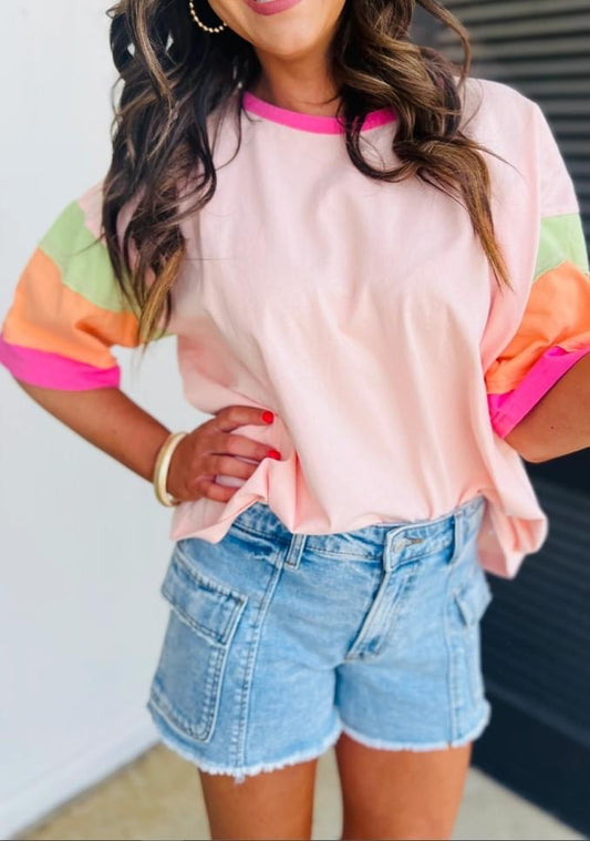 Color Block Stitching Sleeve Oversize Top- Ships 5/26 ALBC Wholesale