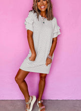 Load image into Gallery viewer, White Stripe Ruffled Crew Neck T shirt dress
