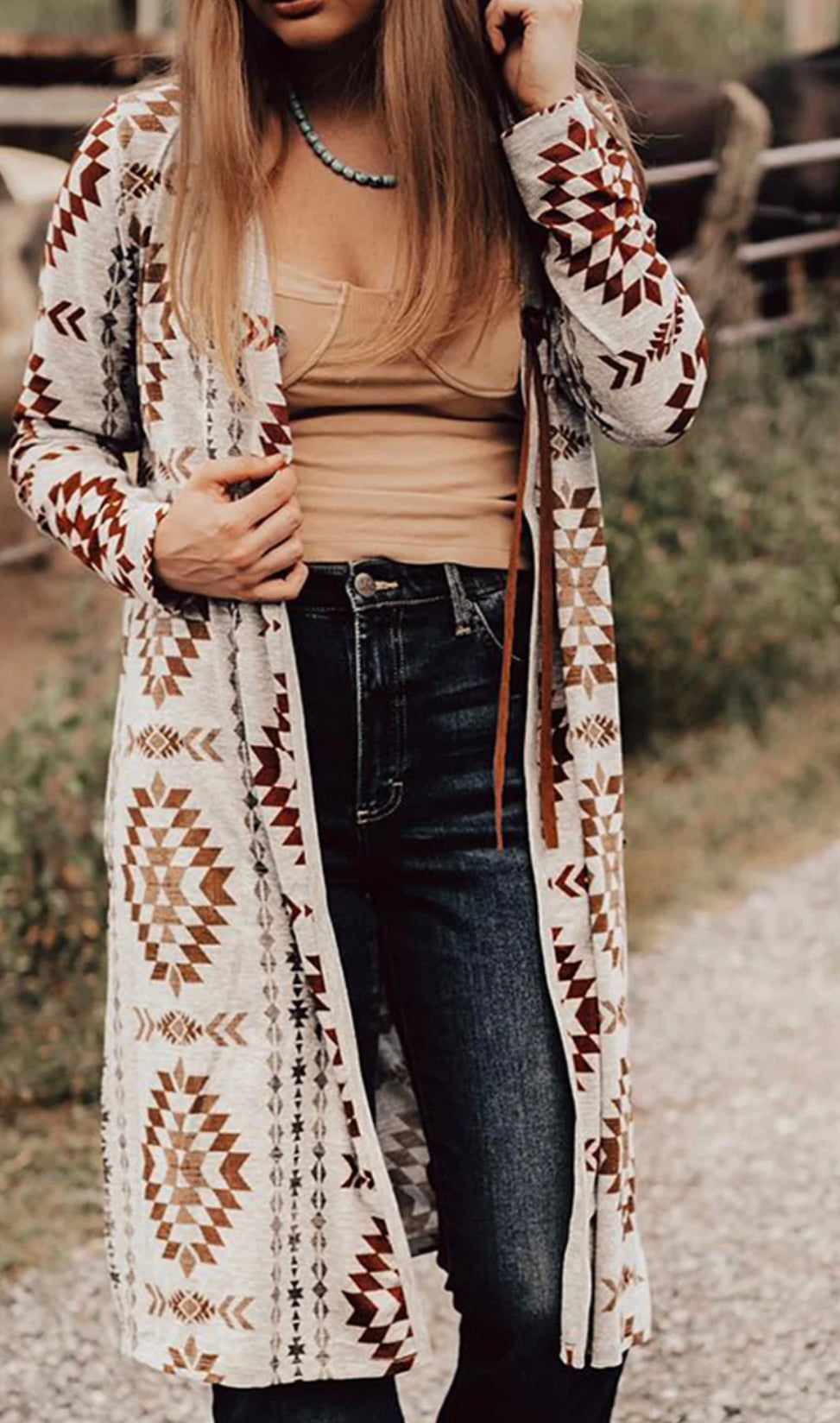 Aztec Open Front Long Sleeve Cardigan- Ships 9/6