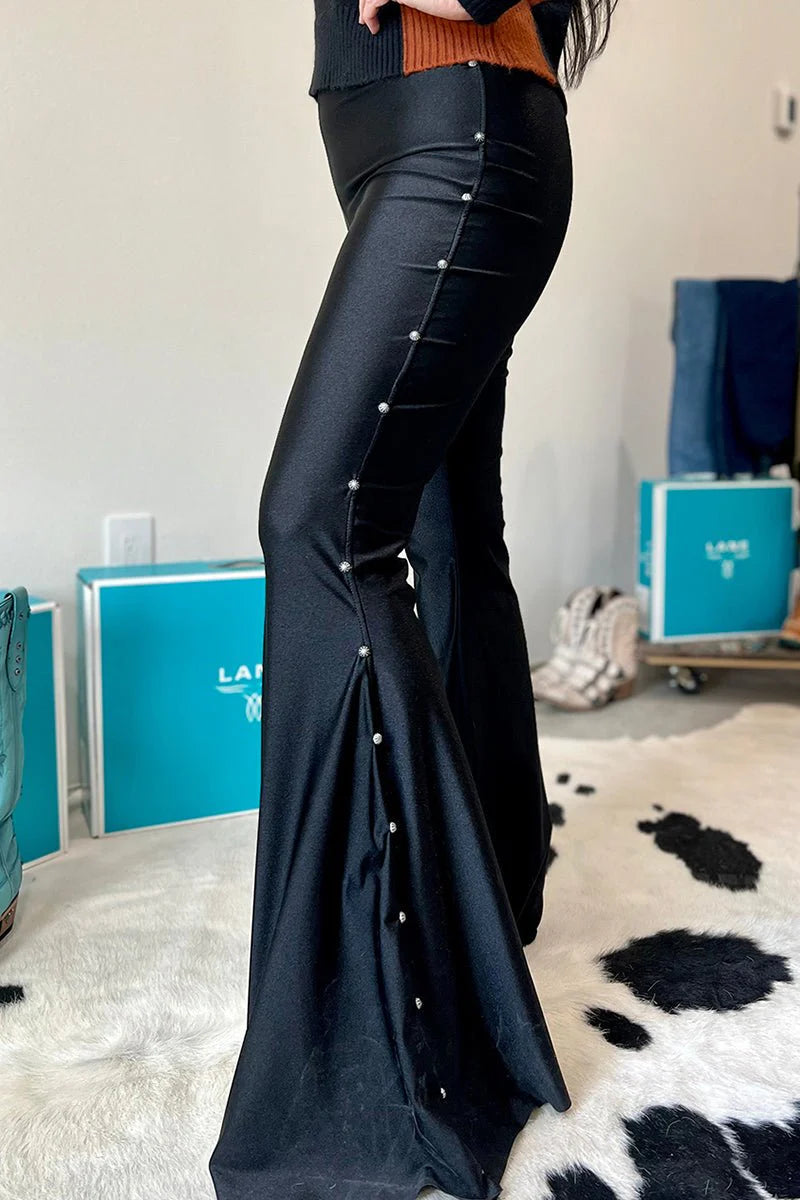 READY TO ROCK BLACK BEADED HIGH WAIST FLARED PANTS **SHIPPING EXPECTED TO BEGIN ON DATE 8/30**
