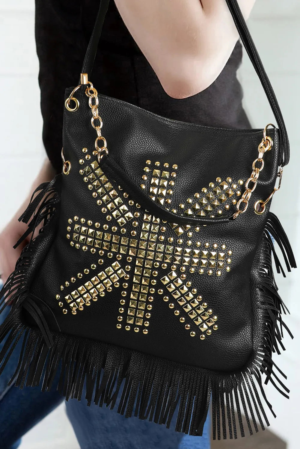 Black Rivet Fringe Shoulder Bag