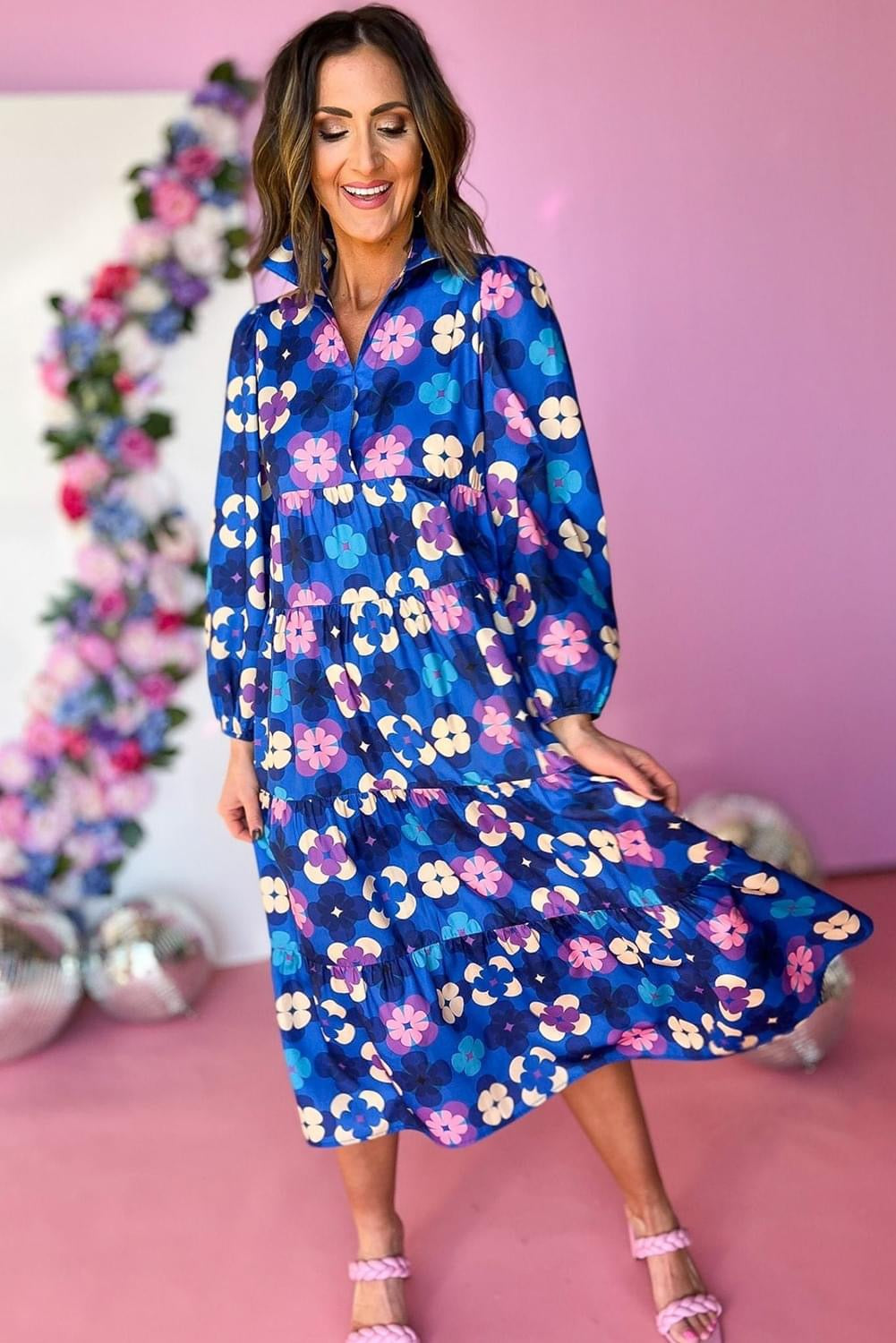 Bright Floral dreams Peasant Sleeve Tiered Ruffle Midi Dress