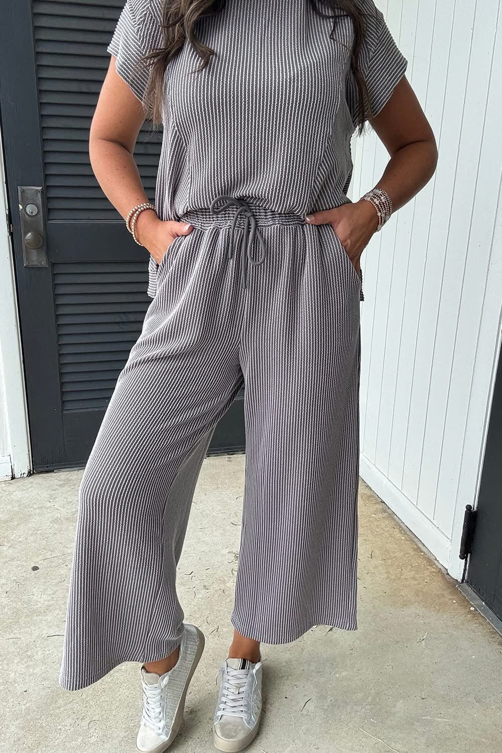 Solid Corded Wide Leg Pants Set