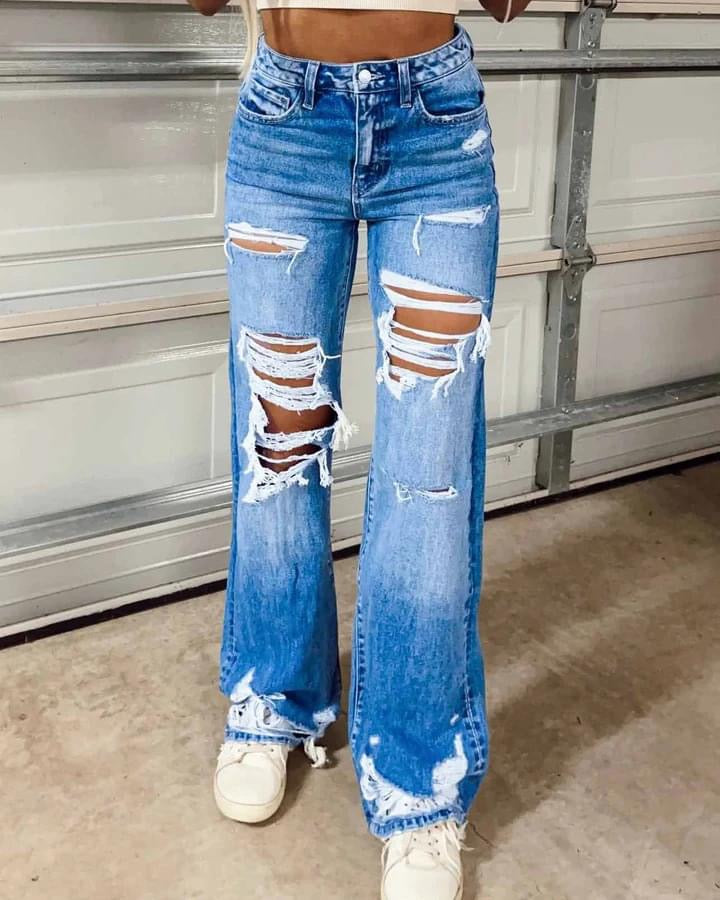 High Rise Ripped Straight Jeans