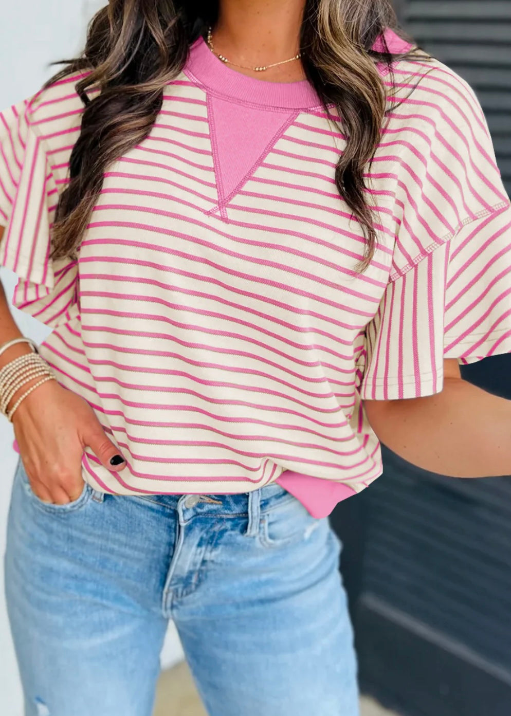Striped Ruffle Short Sleeve Top