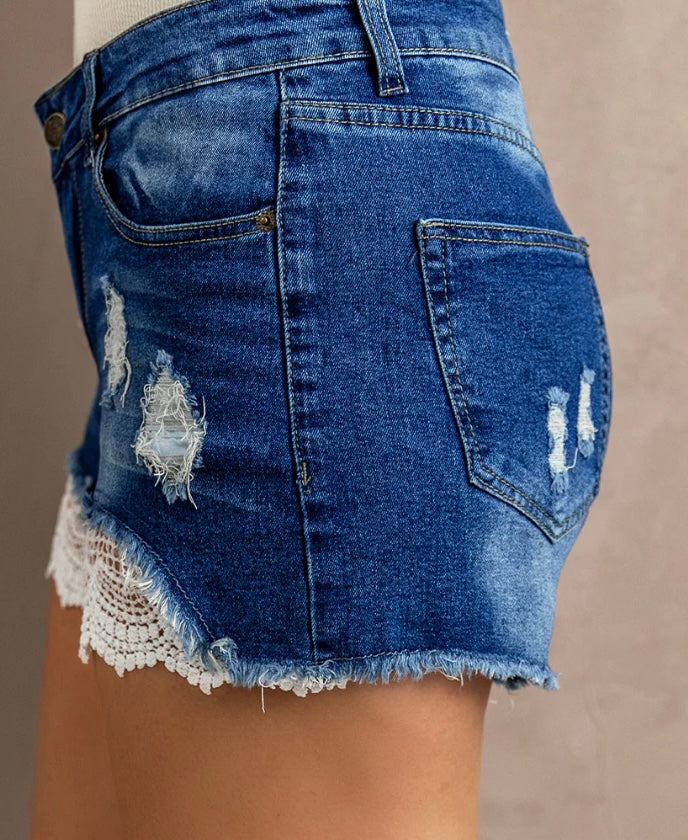 Spliced Lace Distressed Denim Shorts