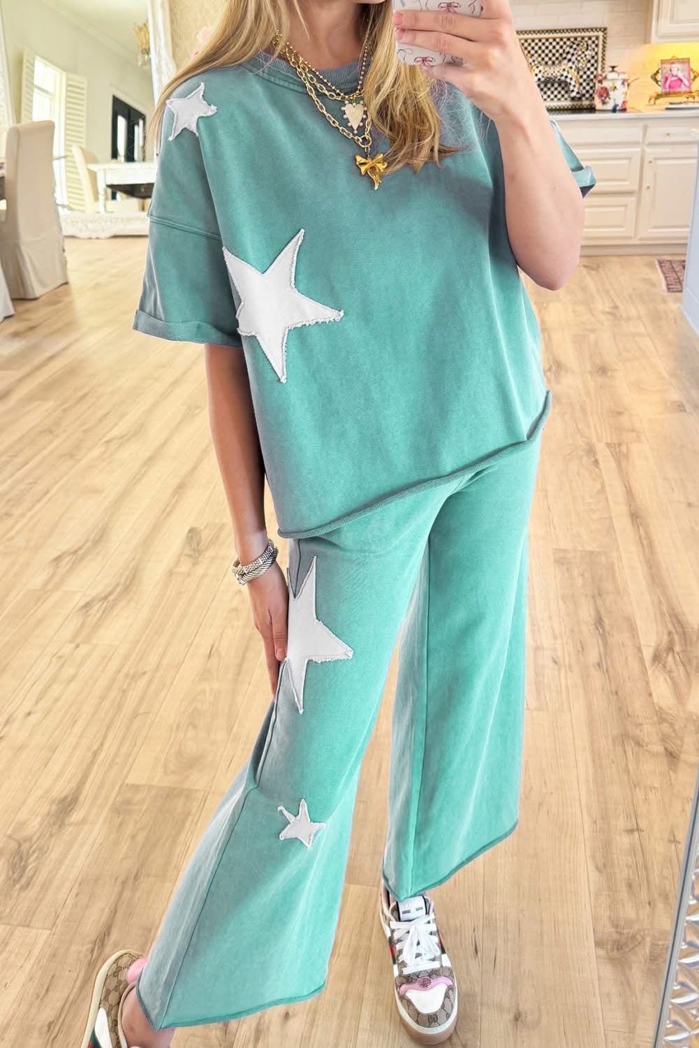Wash Star Patched Rolled Trim Pants Set-