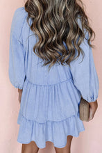 Load image into Gallery viewer, COASTAL CUES BEAU BLUE RUFFLED CHAMBRAY DRESS
