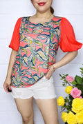 Multi Color Print Red Chiffon Blouse