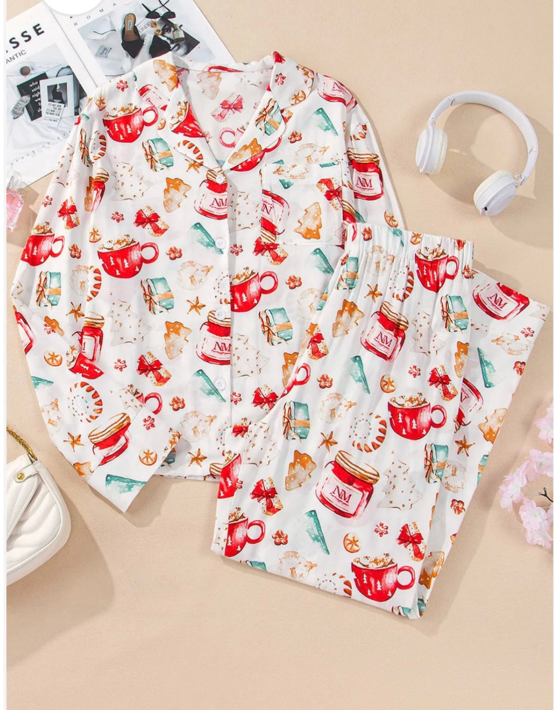 Printed Collared Neck Top and Pants Lounge Set